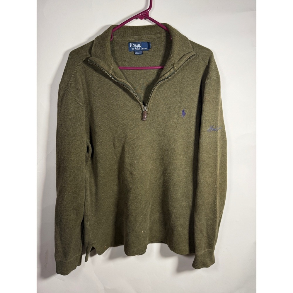 Polo Ralph Lauren Mens Small Olive Green 1/4 Zip Cotton Sweater Sea Island Logo
